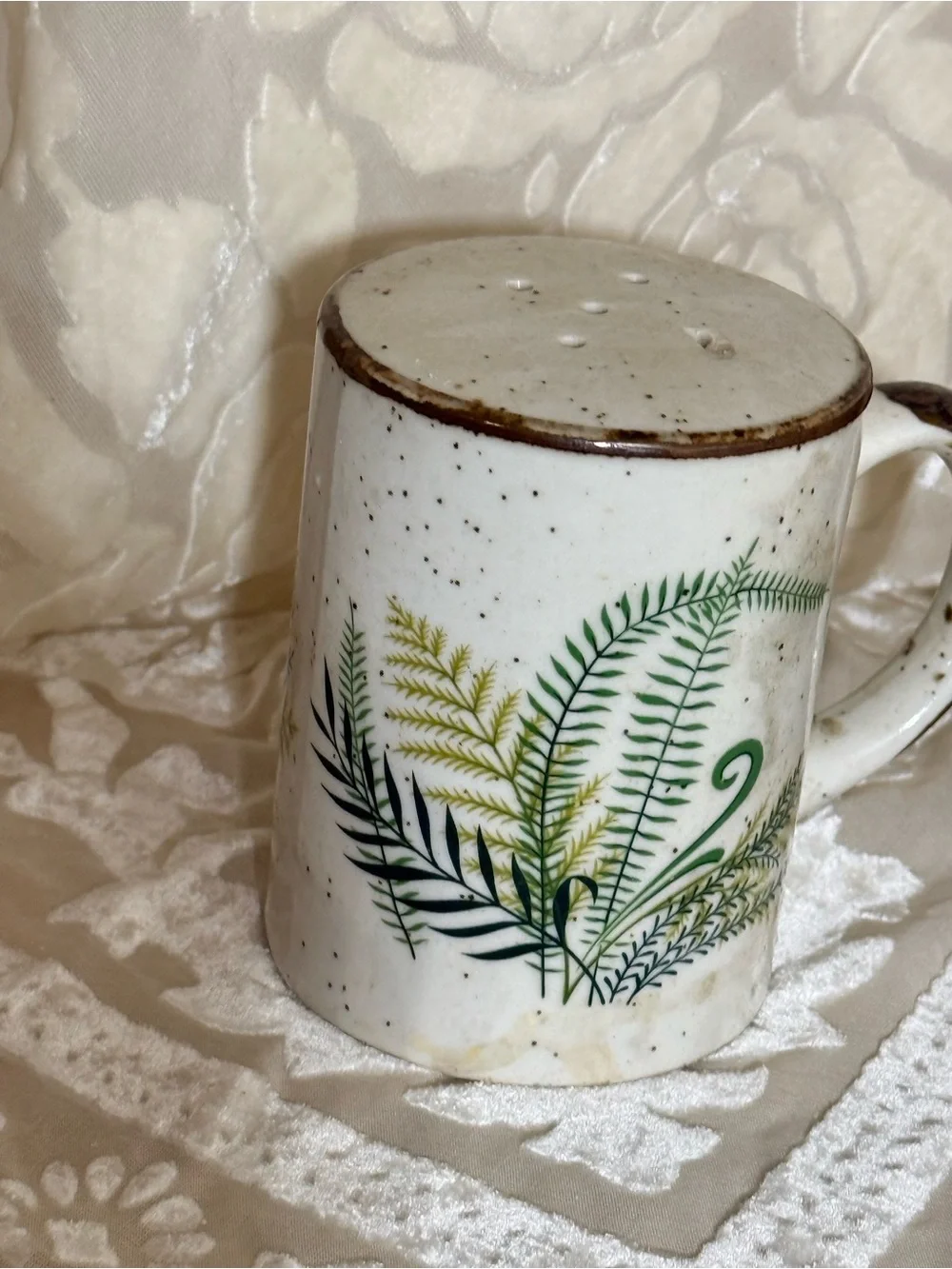 Vintage Otagiri Salt and Pepper Set: Speckled Glaze Stoneware with Ferns